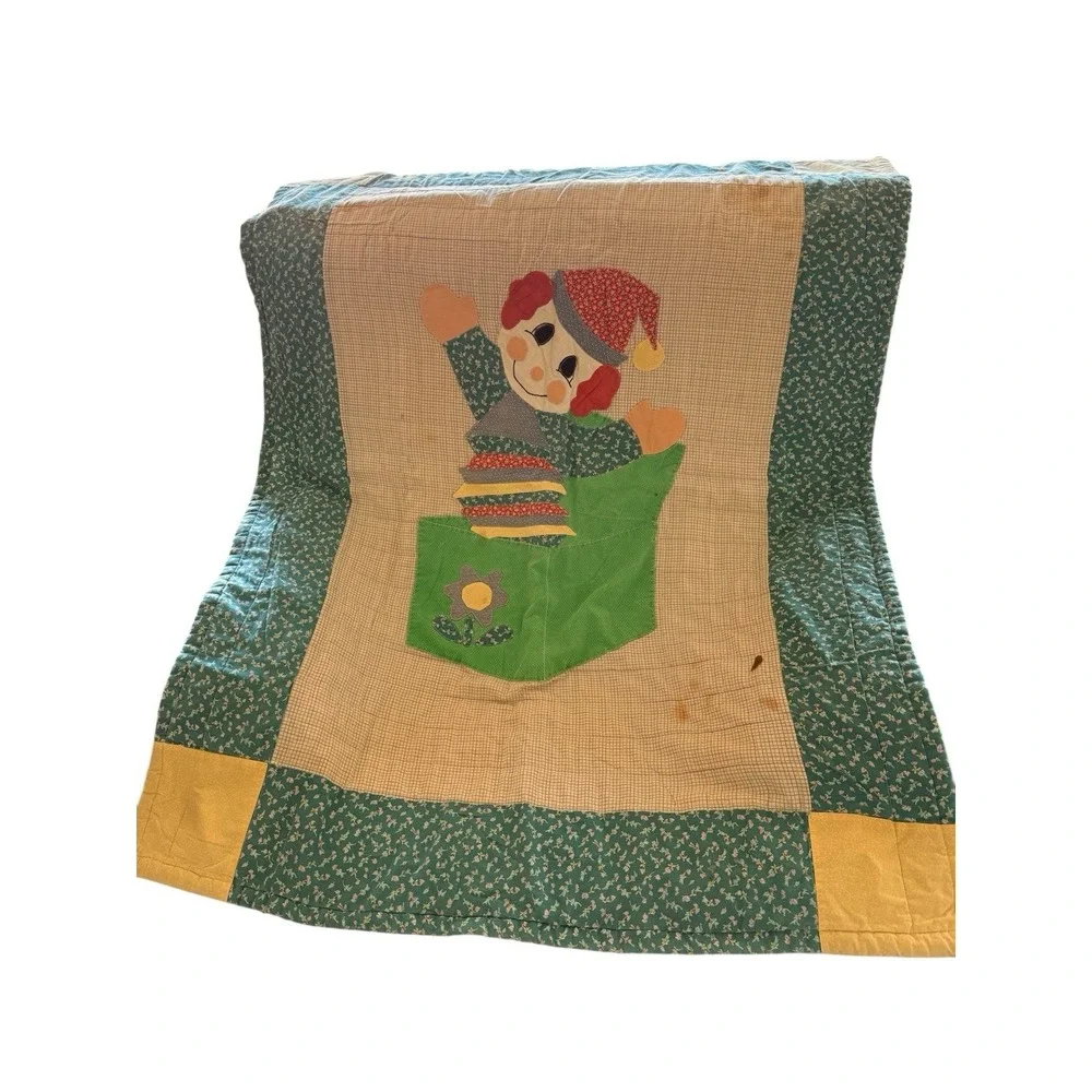 VTG Baby Crib Blanket Circus Clown in Box Handmade Quilt Panel Cutter Fabric T